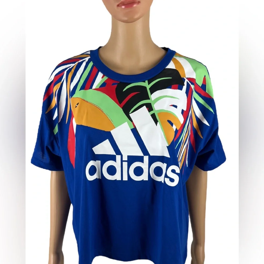 Adidas x Farm Rio Shirt Women Large Blue Tropical Short Sleeve Crop Pullover NWT - Picture 2 of 13